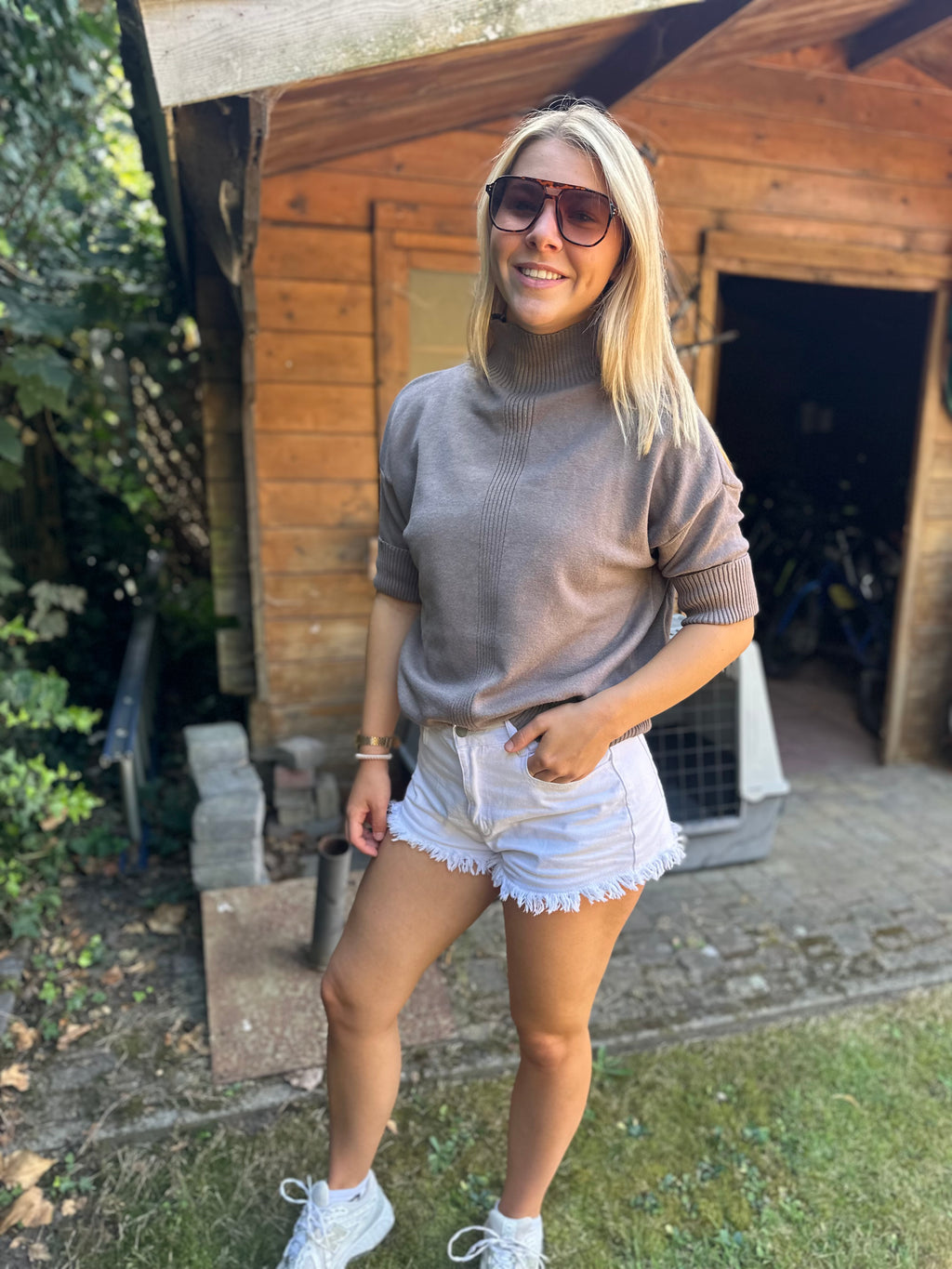 🤎 Fijngebreide Coltrui – Taupe & Donkerblauw