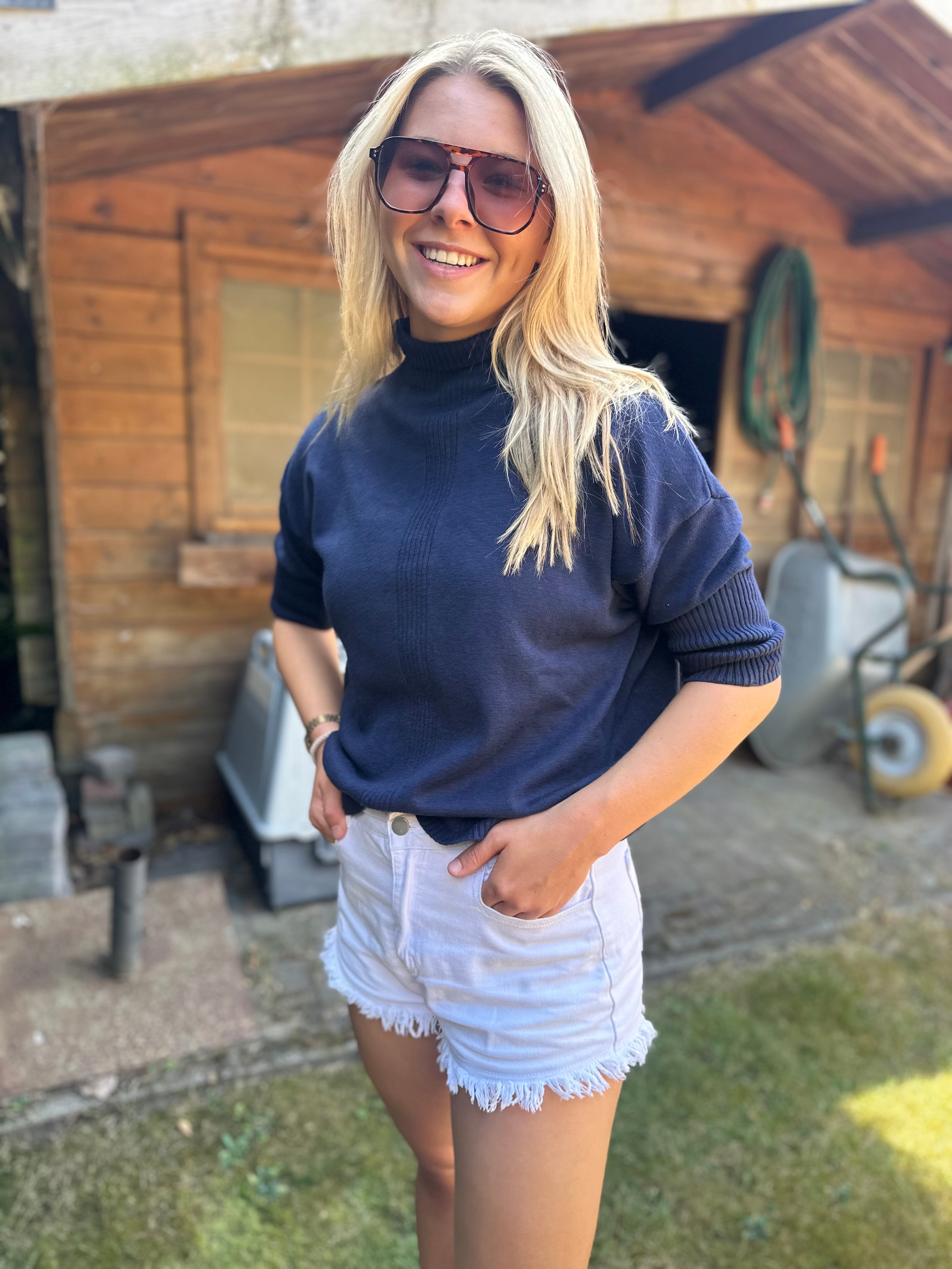 🤎 Fijngebreide Coltrui – Taupe & Donkerblauw